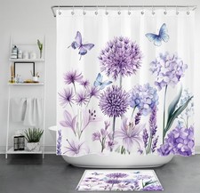 Spring Blue Butterfly Purple Hydrangea Shower Curtain Set for Bathroom Decor