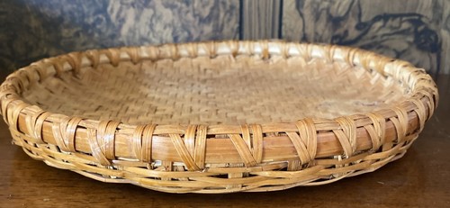 Vintage Bamboo Ratan Wicker MCM 13” Round Tray Lid Tiki Bar - Picture 3 of 4