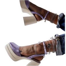 Free People Women Double Stacked Chunky Platform Leather Mary Jane Purple sz 40