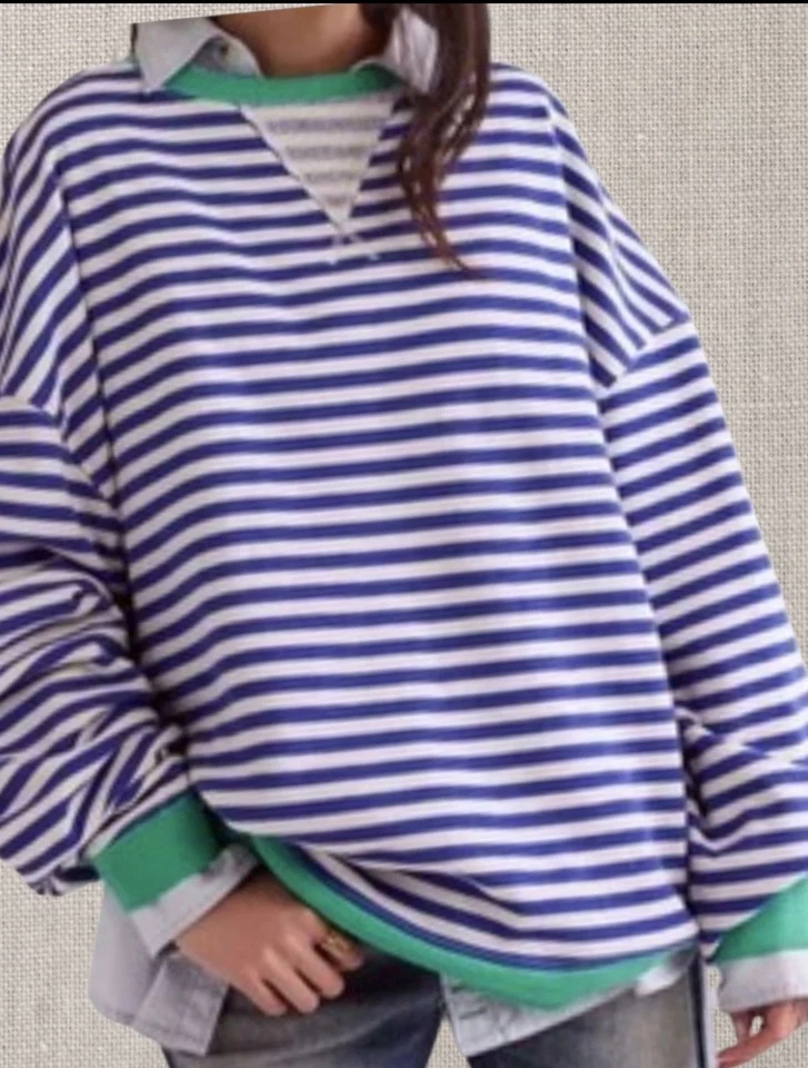 FREE PEOPLE Womens Jumper Classic Striped Sweatshirt Medium Oversized BNWT - Image 2 of 4