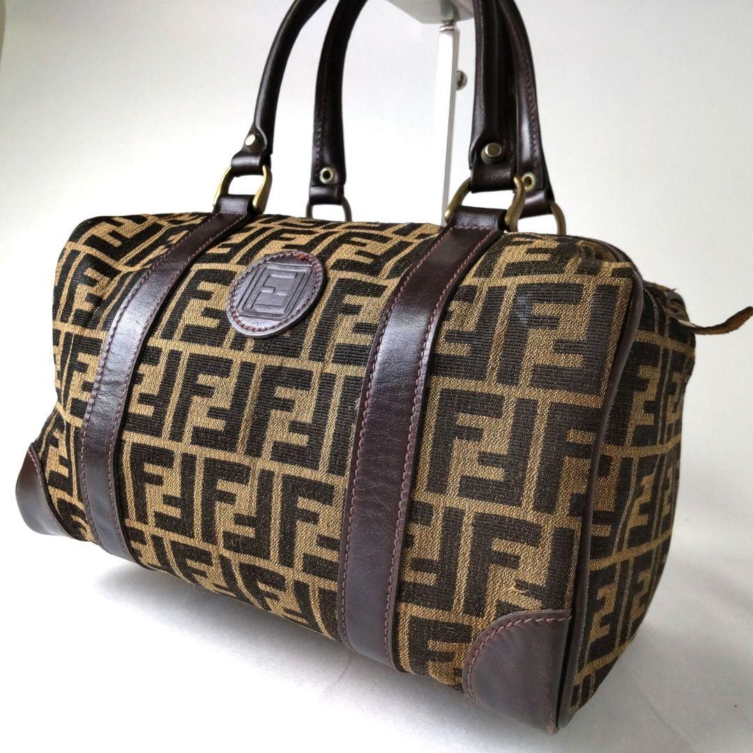 Vintage FENDI Mini Boston Bag Zucca Pattern Beige Brown Authentic From Japan