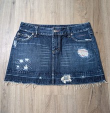 Vintage Y2K American Eagle Size 8 Denim Mini Skirt Distressed Rhinestone Raw Hem