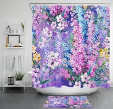 Green Leaf Purple Watercolor Wildflower Shower Curtain Set for Bathroom Decor