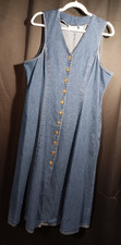 Alfred Dunner Petite Denim Dress 16 Blue Button Front Midi Sleeveless Summer VTG