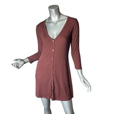 Forever 21 Medium Mini Dress V Neck Button Front Ribbed Stretchy Copper Brown
