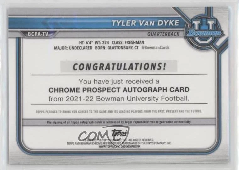 2021-22 Bowman U Chrome Prospect Gold Lava Refractor /50 Tyler Van Dyke Auto - Image 2 of 2