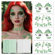 Halloween Leaf Face Makeup Temporary Tattoos Green White Faces Gems