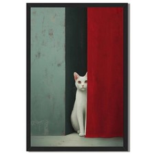 Curious White Cat Peeking Framed Canvas Print Modern Wall Art Home Decor