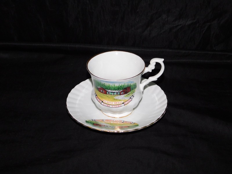 Vtg Atlasta House Glenn Highway Alaska Roadhouse Cup Saucer Set Rosina China