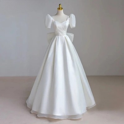 Luxury White Satin Maxi Wedding Dresses for Bride Elegant Sexy Slim Puff Sleeve