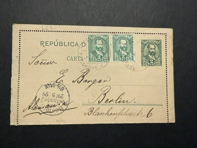 1899 Paraguay 2 centavo green Letter Card (LC3) uprated & used to Berlin. Scarce