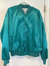 Vintage 90s XXL Teal Blank Satin Nylon Auburn Sportswear Jacket Snaps, Pockets