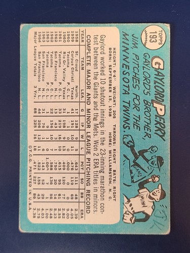 Tarjeta de béisbol Topps 1965 #193 Gaylord Perry Giants bajo grado G/F/P - Imagen 2 de 2