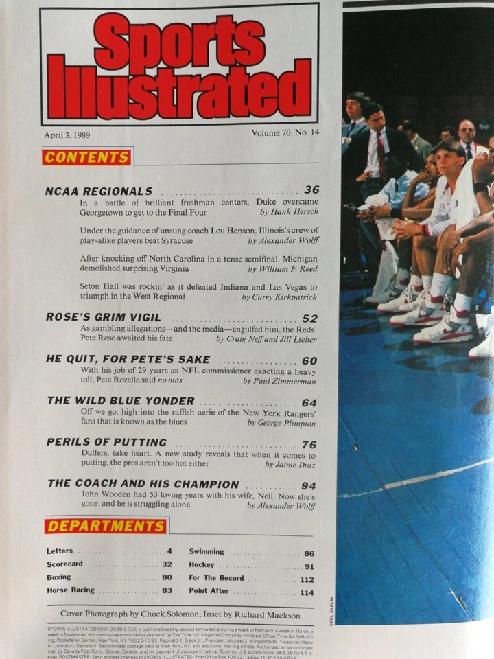 Revista Sports Illustrated 3 de abril de 1989 Pete Rose - John Wooden - NCAA 4 - JH Foto 2 de 2