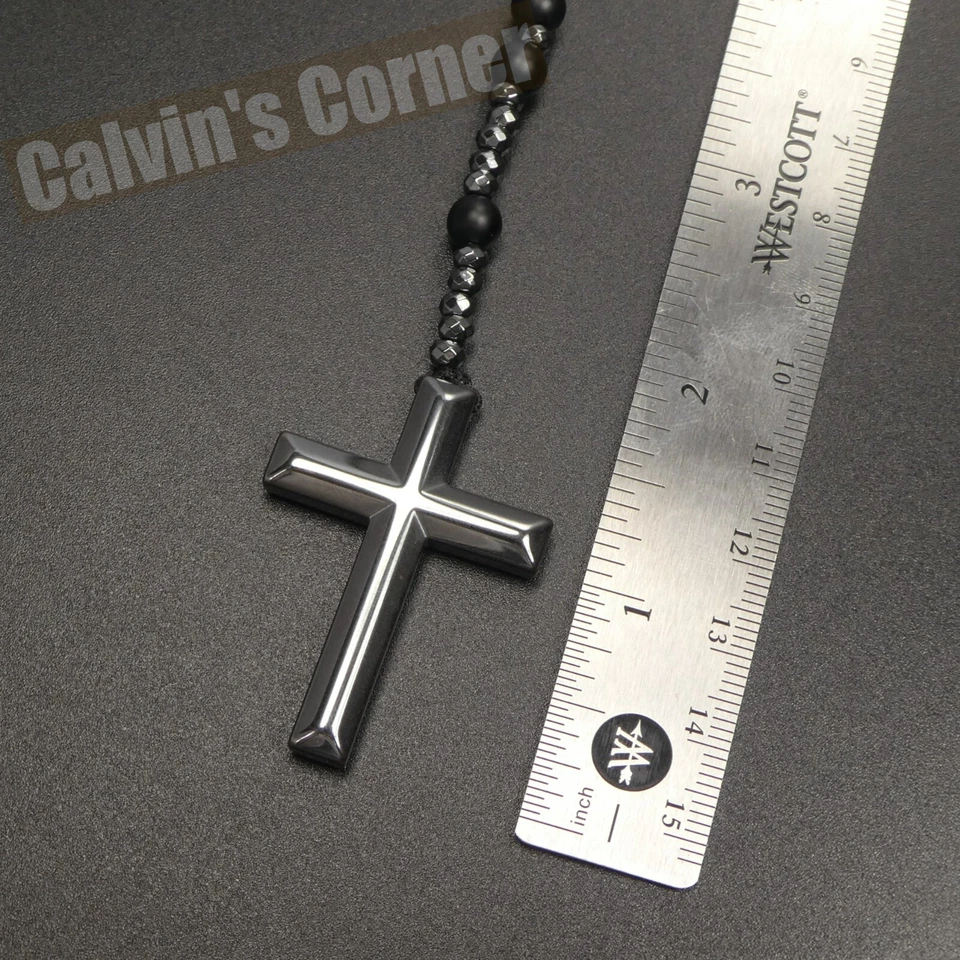 Collar Rosario Hematita Ónix Negro Mate Católico Cristo Cruz Hombres Mujeres Regalo Foto 4 de 4