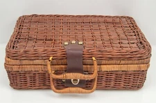 Vintage Wicker Woven Rectangular Picnic Basket Storage Suitcase Carrier Lock Box