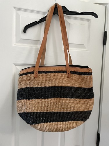 Market Jute Tote Bag Black Zipper Leather Straps Striped Brown