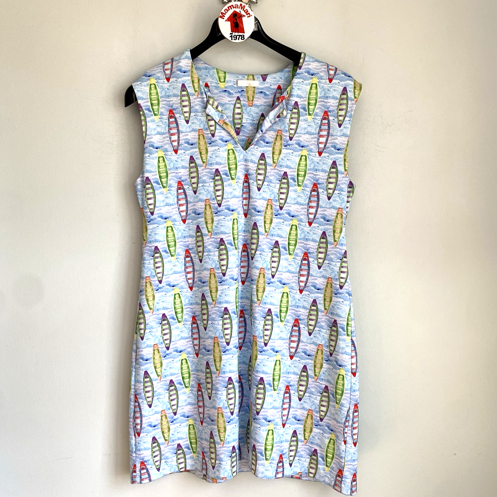 Abito blu acquerello fila barche stampa kayak taglia M senza maniche abbigliamento resort spiaggia