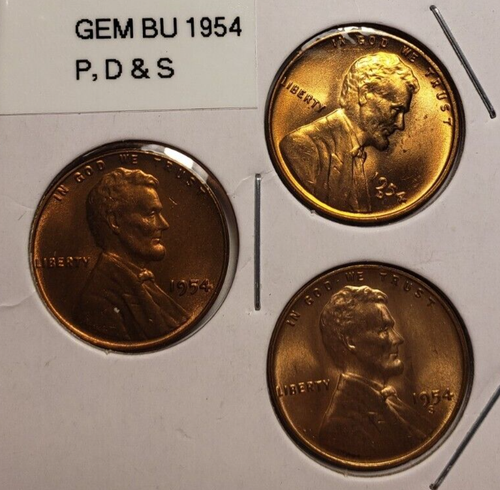 Satz Stempelglanz 1954 P, D & S Lincoln Wheat Cents aus OBW Rollen - Bild 2 von 3