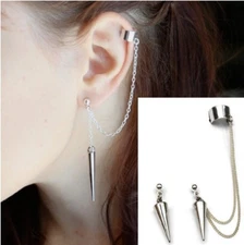 Punk Asymmetric Rock Rivets Chain Tassel Dangle Ear Stud Cuff Wrap Earrings P29