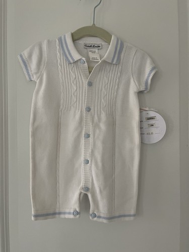NWT Sarah Louise Boutique Boys White/Blue Knit Romper Size 3 months