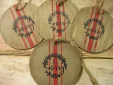 Rustic Wood Christmas Ornament Lot BE MERRY Primitive Vintage Farmhouse Tags