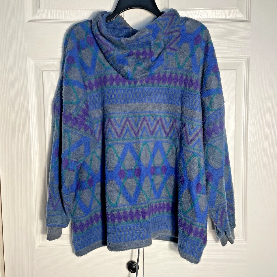 Camisa Express Vintage Años 90 Hombres Grande Azul Púrpura Geométrica Vellón 1/4 Cremallera Con Capucha Foto 2 de 4