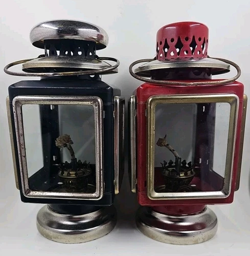 Vintage Red & Blue Brass Oil Lantern (1960s, Train Lantern Home Decor) Untested 