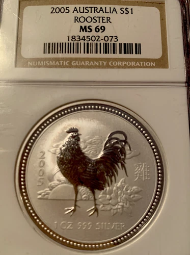 2005 ** Australia ** 1oz Silver Lunar ** Year of the Rooster  ** NGC MS69 **