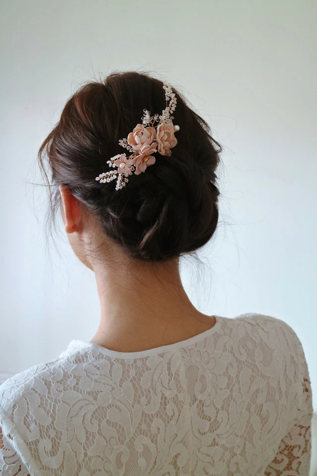 Cherry Blossom Floral Hair Comb w. Pearls & Crystals in 14k Gold | Handmade - Image 3 of 4