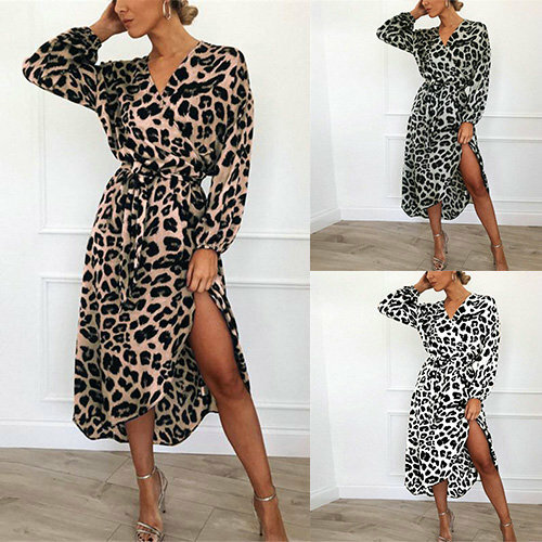 Leopard Print Wrap Long Sleeve Women Shirt Dress Lady Party V Neck Midi Dress - Picture 1 of 14