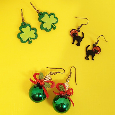 3 Pairs HOLIDAY Pierced Hook EARRINGS Christmas / Halloween / St. Patrick's