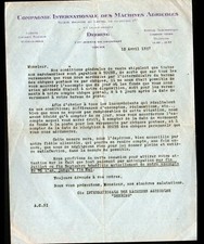 TOURS (37) Concessionnaire MACHINES AGRICOLES "DEERING" Lettre en 1927