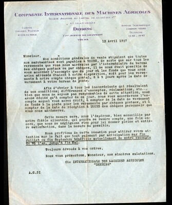 TOURS (37) Händler LANDMASCHINEN ''DEERING'' Brief 1927