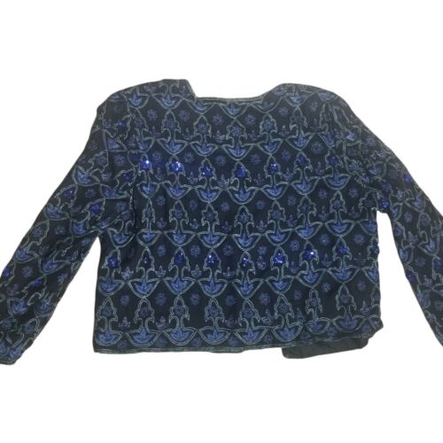 Giacca di seta vintage con perline di paillettes 2XL nero floreale blu Lorence Kazar come nuova - Foto 8 di 11