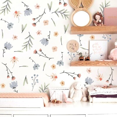 Boho Floral Wall Decals Small Flower Leaf Wall Sticker Botanical Plant Green ...