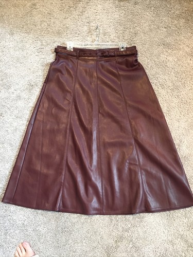NWOT Ann Taylor Dark Burgundy Faux Leather Midi Flared Skirt Womens Size 6 Soft