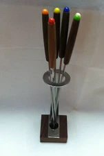 6 Danish Modern Teak & Stainless Fondue Forks in Stand Japan Mid Century Retro 
