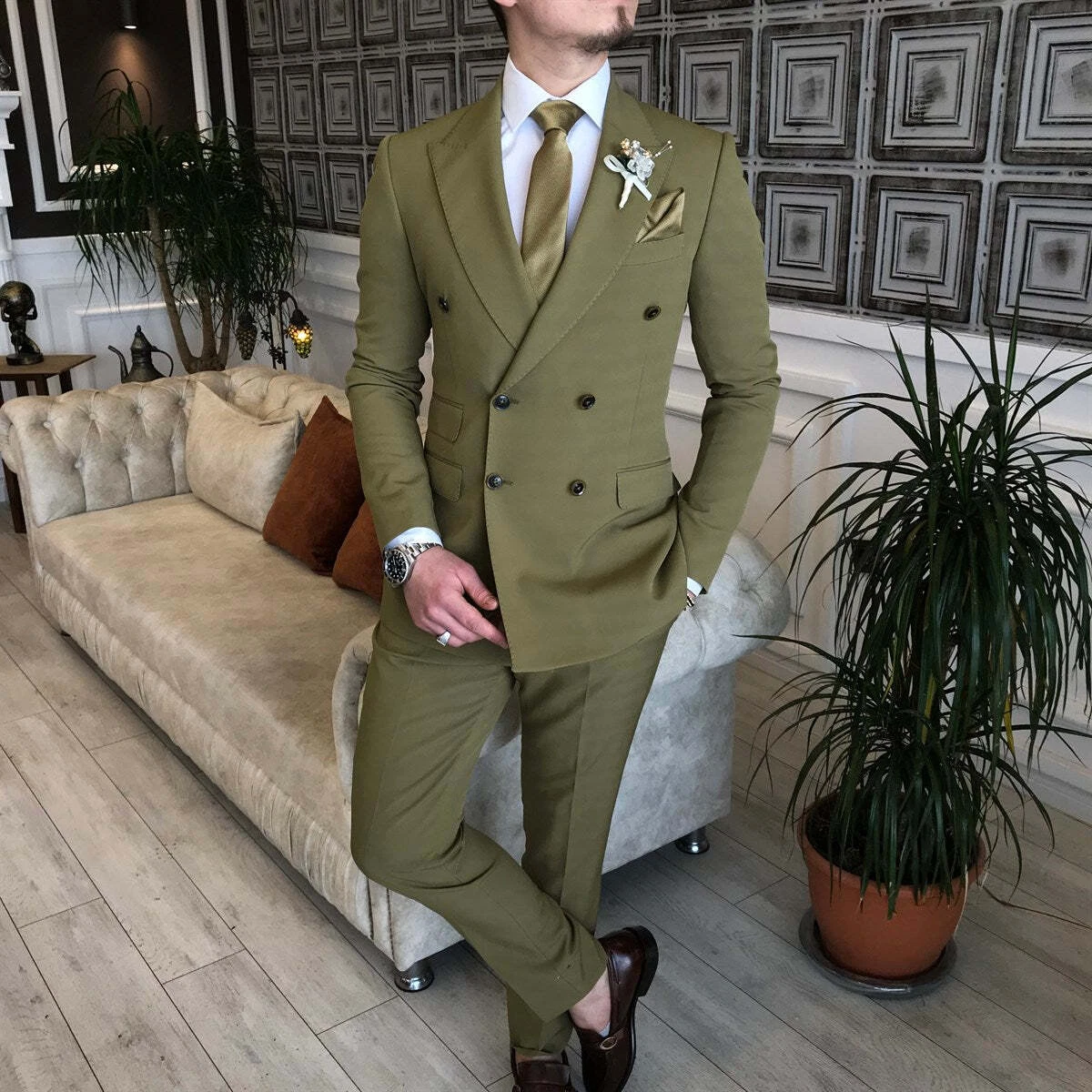 Olive double on sale breasted suit
