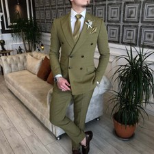 Men Suit Olive Green Double Breasted Party Prom Groom Tuxedo Wedding 2 Piece