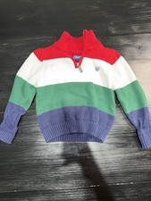 Chaps Boys 1/4 Zip Striped Sweater Red White Green Blue Size 4 Cotton Knit