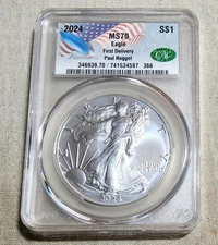 2024 CAC MS70 PAUL NUGGET HAND-SIGNED LABEL FIRST DELIVERY $1 SILVER EAGLE COIN