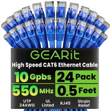Cat 6 Ethernet Cable 24 Pack 0.5 FT Patch RJ45 Snagless Gold-Plated Blue