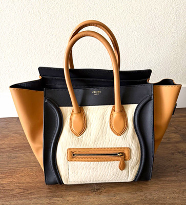 CELINE Women s Colorblock Tote Bag Black/Tan/White Zip Closure Gold Hardware