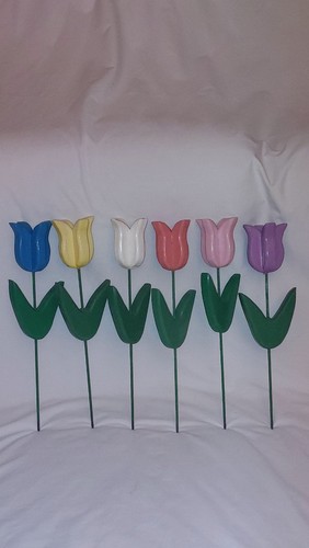6 Vintage Large Wooden Tulips Bouquet of Colorful Wood Floral Decor 14'' Pastels