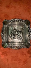ANTIQUE METAL ASHTRAY MEN SITTING AROUND A TABLE EUC RARE & HARD TO FIND
