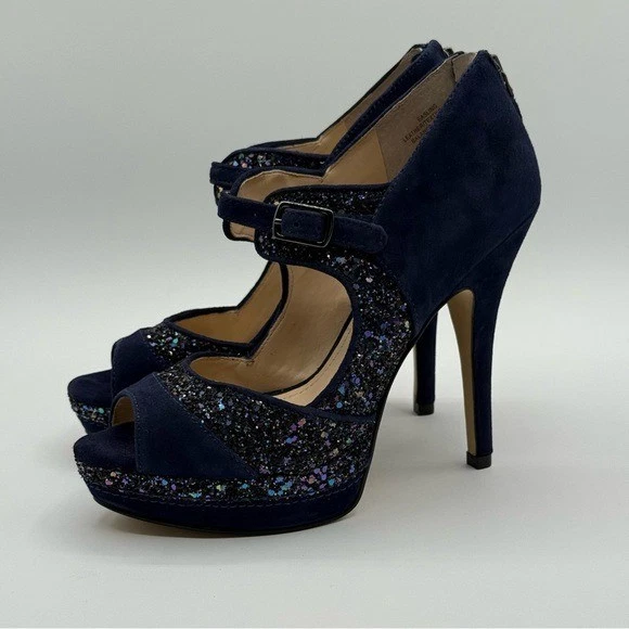 Zapatos de salón Enzo Angiolini caballete azul marino peep toes tacones brillantes talla 6M Foto 3 de 4