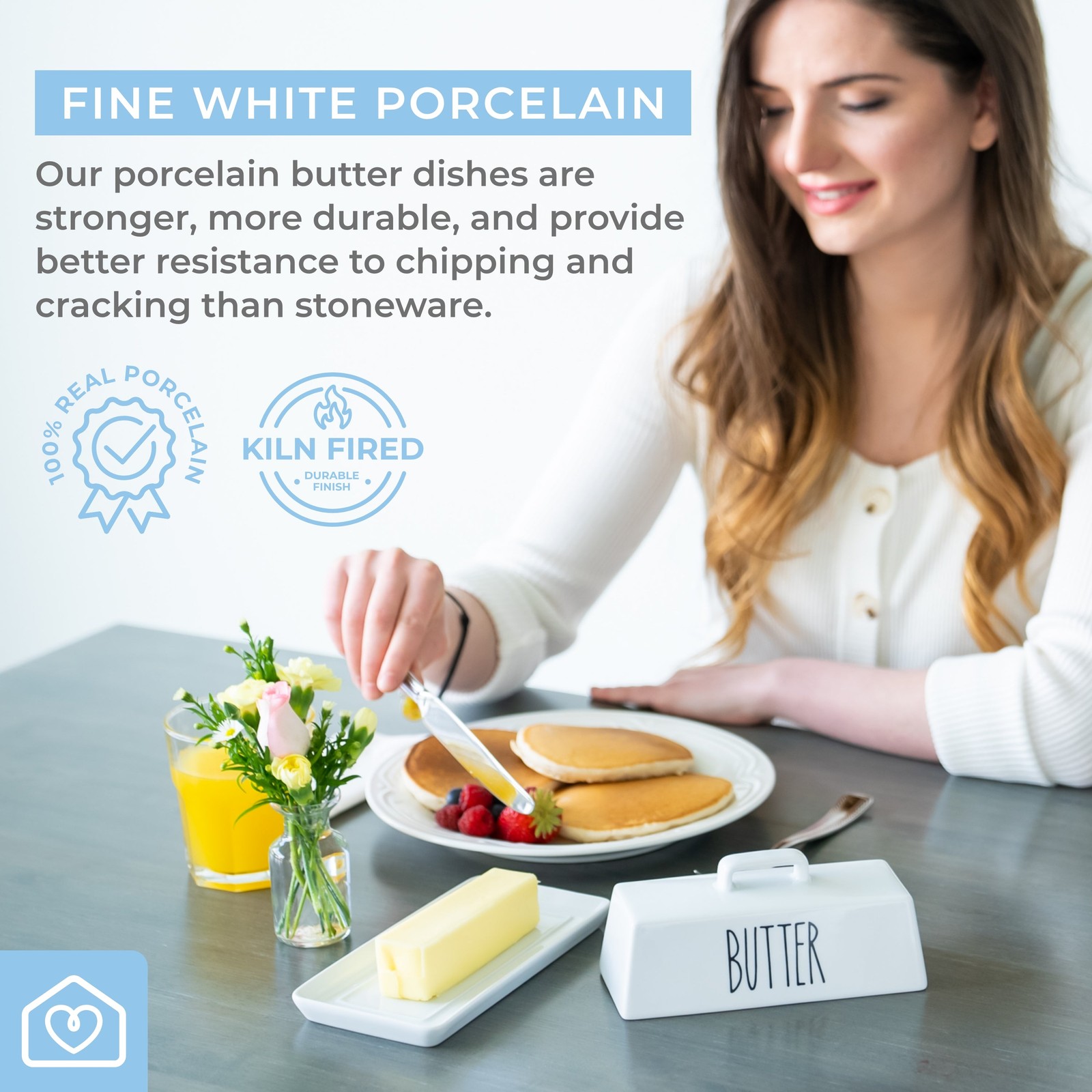 Heartland Home Porcelain Butter Dish with Handle - White Covered Butter Keeper