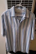 Tommy Bahama 100% Silk Men's XL Blue White Vertical Striped Camp Shirt