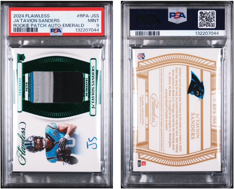 2024 PANINI FLAWLESS ROOKIE PATCH AUTO RPA JA'TAVION SANDERS EMERALD /5 PSA 9